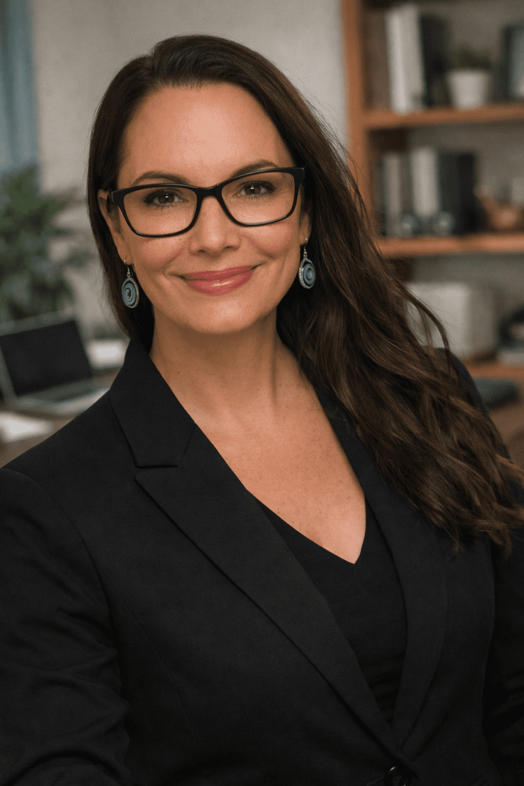 Smiling professional woman in blazer and glasses
